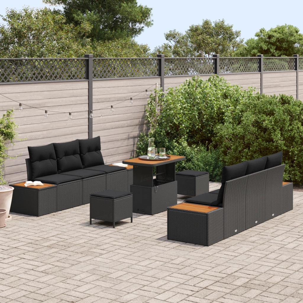 Set Divano Giardino 9 Pezzi con Cuscini - Polyrattan Nero e Acciaio