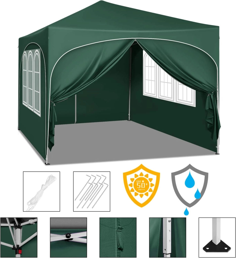 Gazebo Pieghevole da Giardino, Gazebo Idrorepellente Pop Up da 3x3m Pannelli Laterali, Tendone Esterno, Altezza Regolabile, Protezione UV, con Custodia Verde