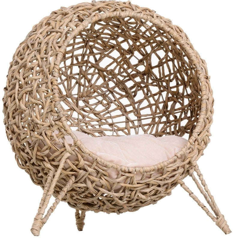 Cuccia rialzata per gatto in rattan sintetico marrone con cuscino