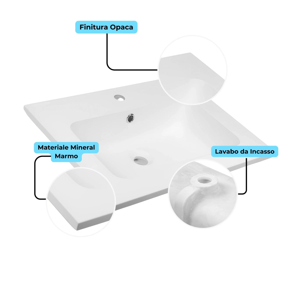 Lavabo ad incasso mineral marmo colore bianco opaco mobile composizione bagno *** misure 81x46 cm, confezione 1