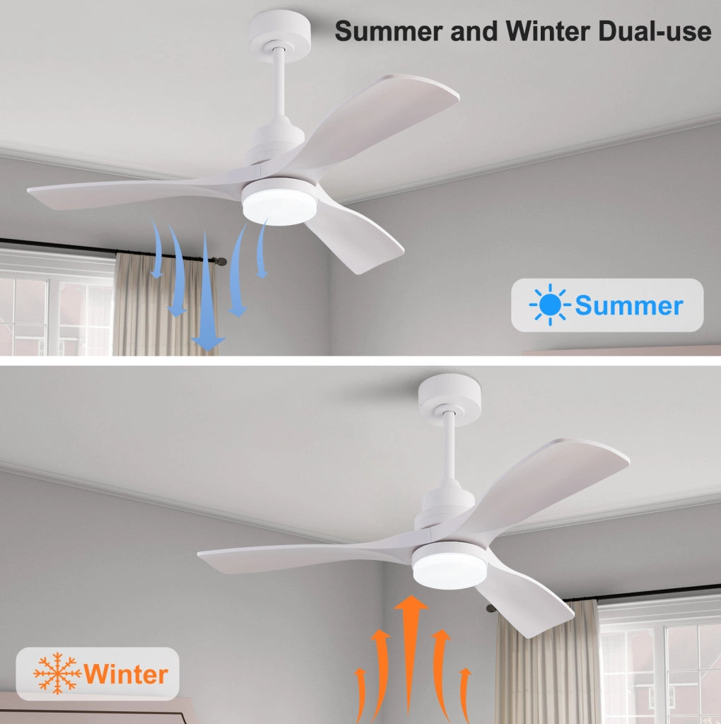 Ventilatore da soffitto 42'' con luce LED; 3 pale ABS bianche e motore DC reversibile