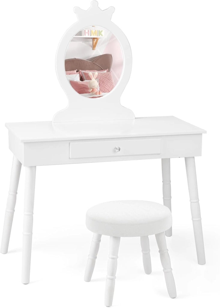 Toeletta Trucco per Bambina, Specchiera per Ragazzi in Legno Robusto, Postazione Trucco 2 in 1 Principessa con Cassetto, Sgabello e Specchio Staccabile, 70 x 34 x 100 cm (Bianco)