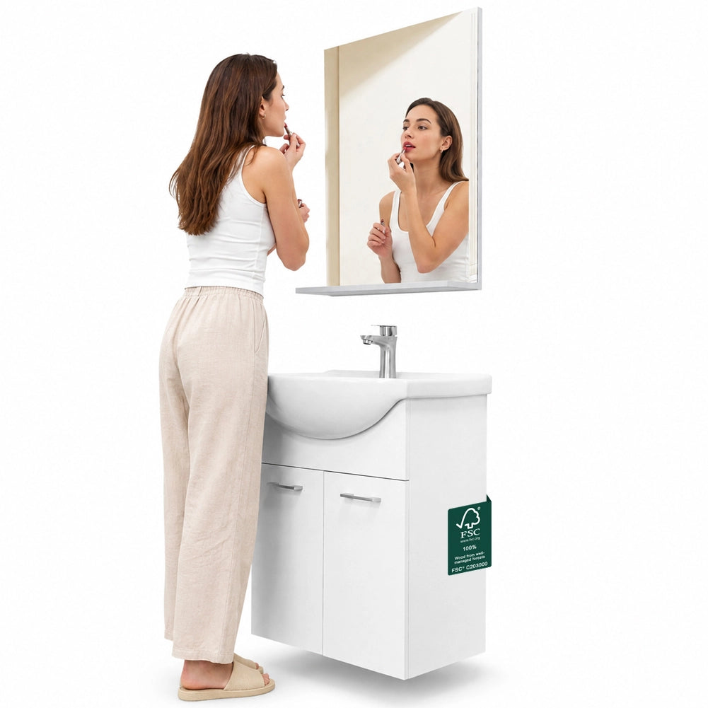 Mobile da Bagno Sospeso Completo Bianco Larghezza 55 cm Specchio e Rubinetteria