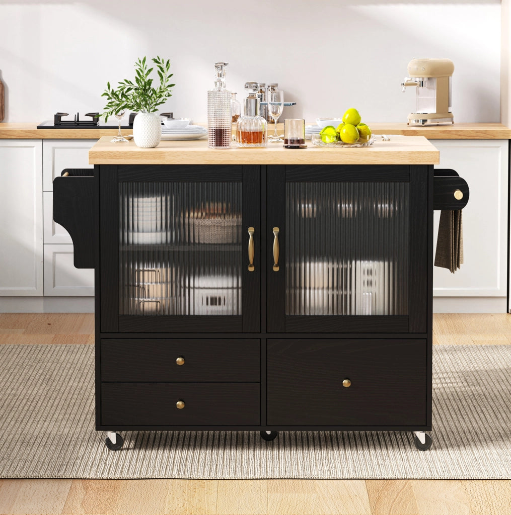 Isola cucina 100x42-70x91.5 cm con piano estendibile e ruote in MDF nero e naturale