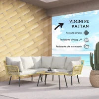 Set da Giardino 4 Pezzi in Rattan PE con Tavolino da Esterni 90x45x42 cm e 2 Divanetti per Esterni 6ex63x74 cm, Bianco Crema