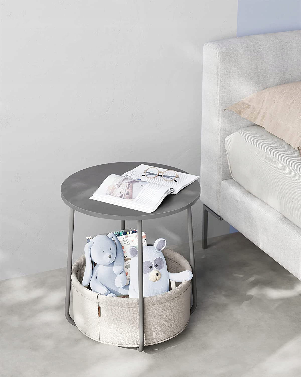 Tavolino rotondo Valora con cestino grigio | compatto e moderno