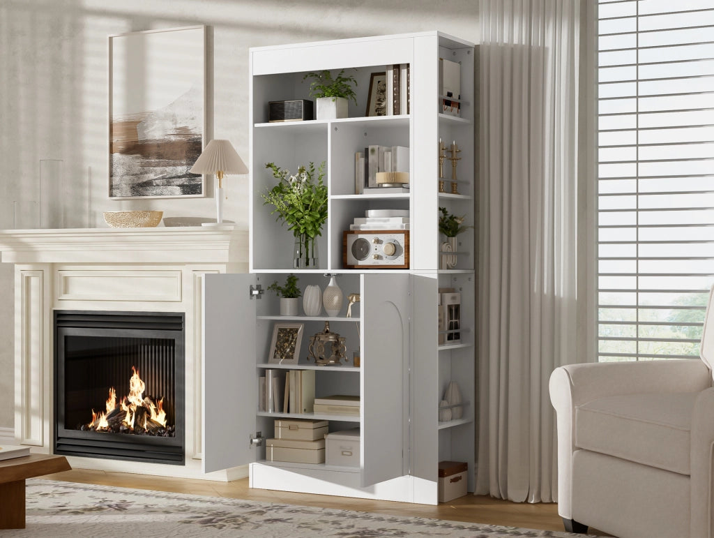 Armadio multiuso bianco con 2 ante, ripiani aperti laterali e mensole, 85×35×180 cm