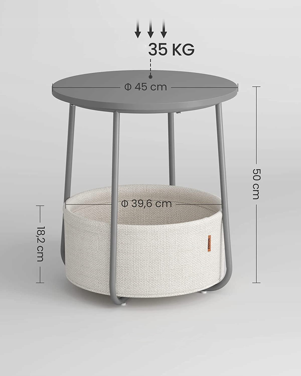 Tavolino rotondo Valora con cestino grigio | compatto e moderno