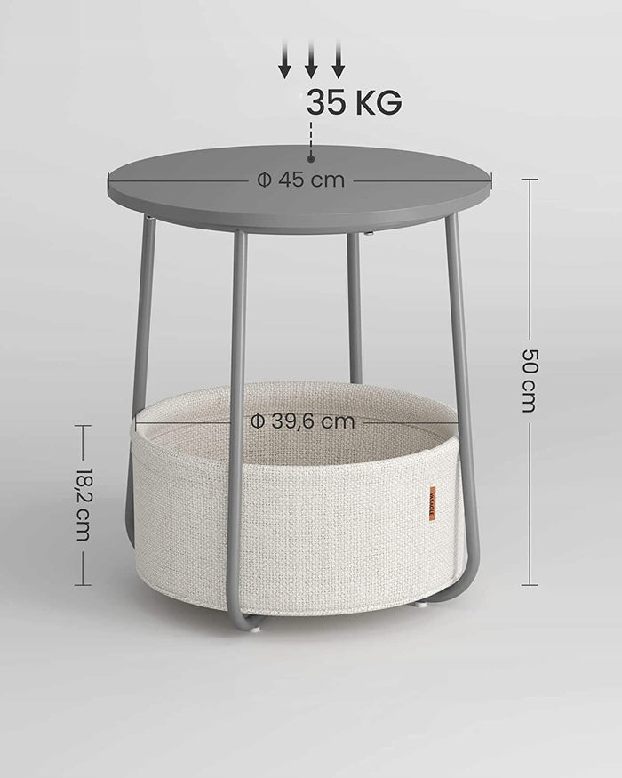 Tavolino rotondo Valora con cestino grigio | compatto e moderno