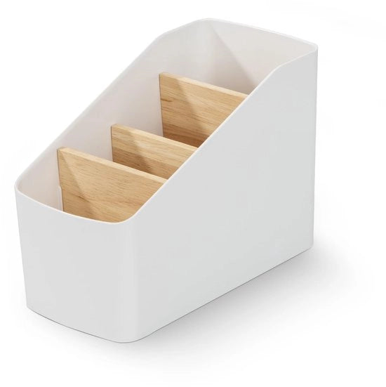 Sostegno per telecomando per scrivania - Organizzatore per ufficio - Scatola caddy con 4 compartimenti - Materiale ABS resistente e legno - Parete divisoria rimovibile - Design semplice e elegante - Scatola di archiviazione