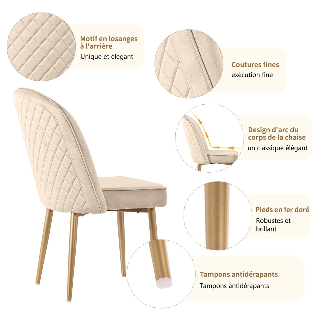 Sedia da pranzo in velluto con schienale ergonomico e piedini antiscivolo, in MDF e metallo beige