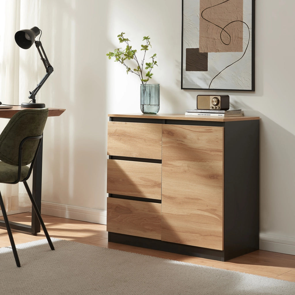 Credenza Mobile Contenitore Kyr Comò con Anta e 3 Cassetti 80 x 40 x 75 cm - Nero/Effetto Rovere Rustico [en.casa]