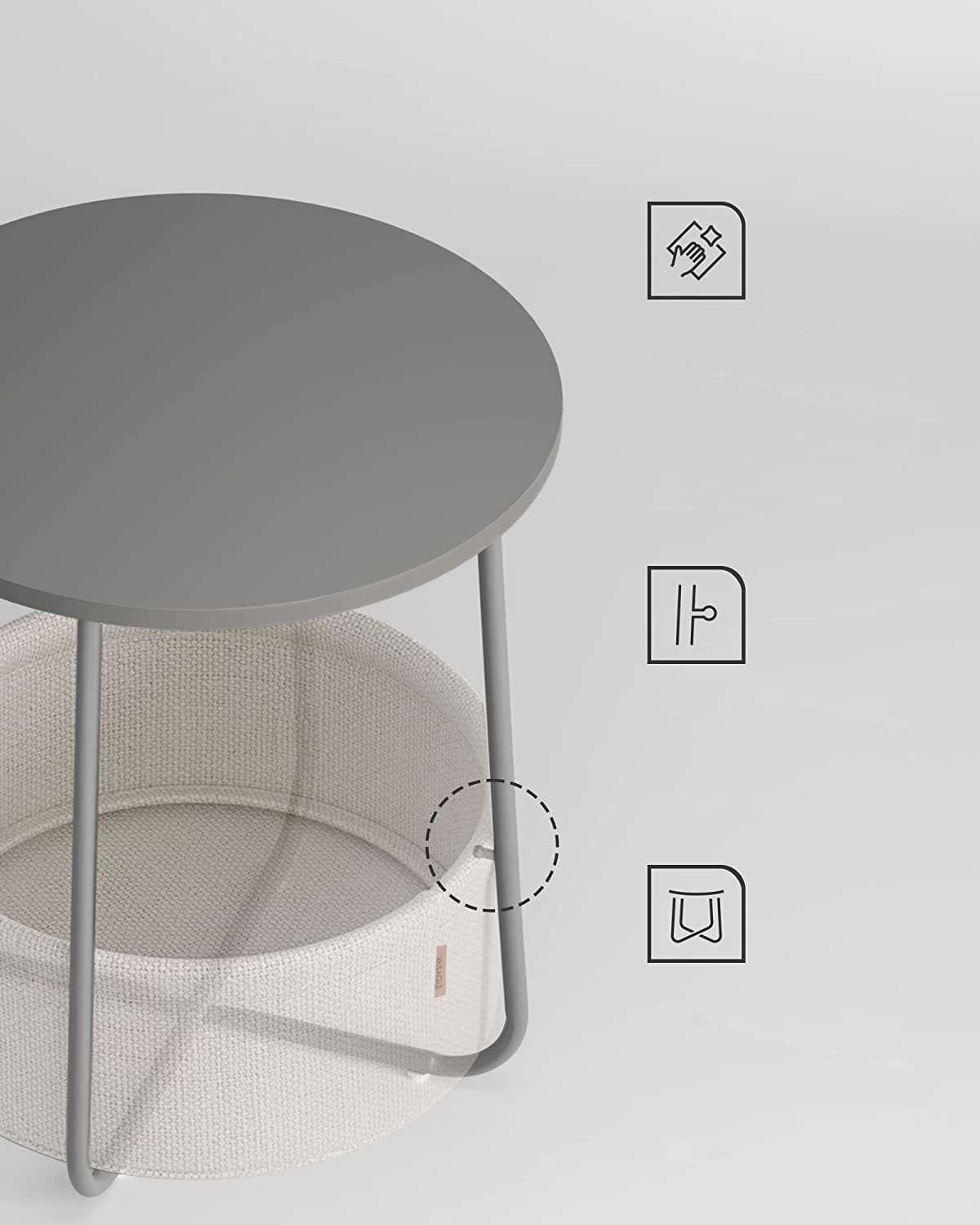 Tavolino rotondo Valora con cestino grigio | compatto e moderno