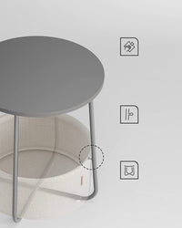 Tavolino rotondo Valora con cestino grigio | compatto e moderno
