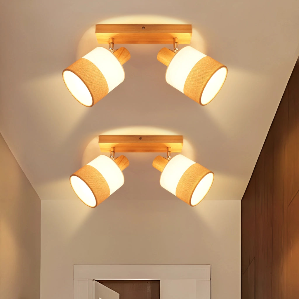 ZMH Faretto da soffitto vintage 2 luci E14 legno tessuto orientabili 350° max 25W senza lampadina