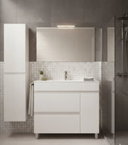 Mobile Bagno FENRIR Già Montato 2 cassetti e porta con piedini, lavabo e specchio Bianco lucido 60x45 cm con colonna