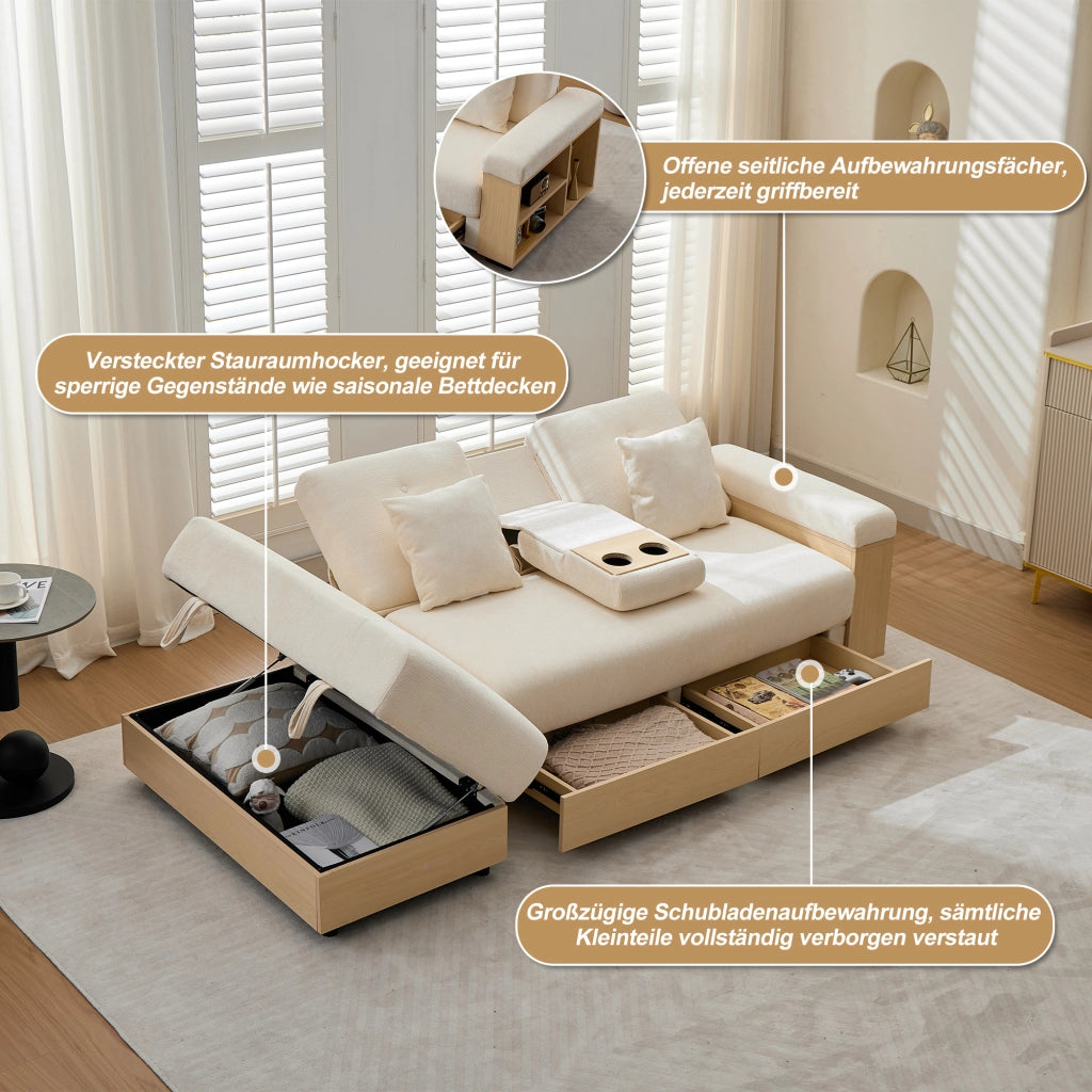 Divano letto con schienale reclinabile, spazio contenitore e portabicchieri, in chenille beige 217 × 110 × 90 cm