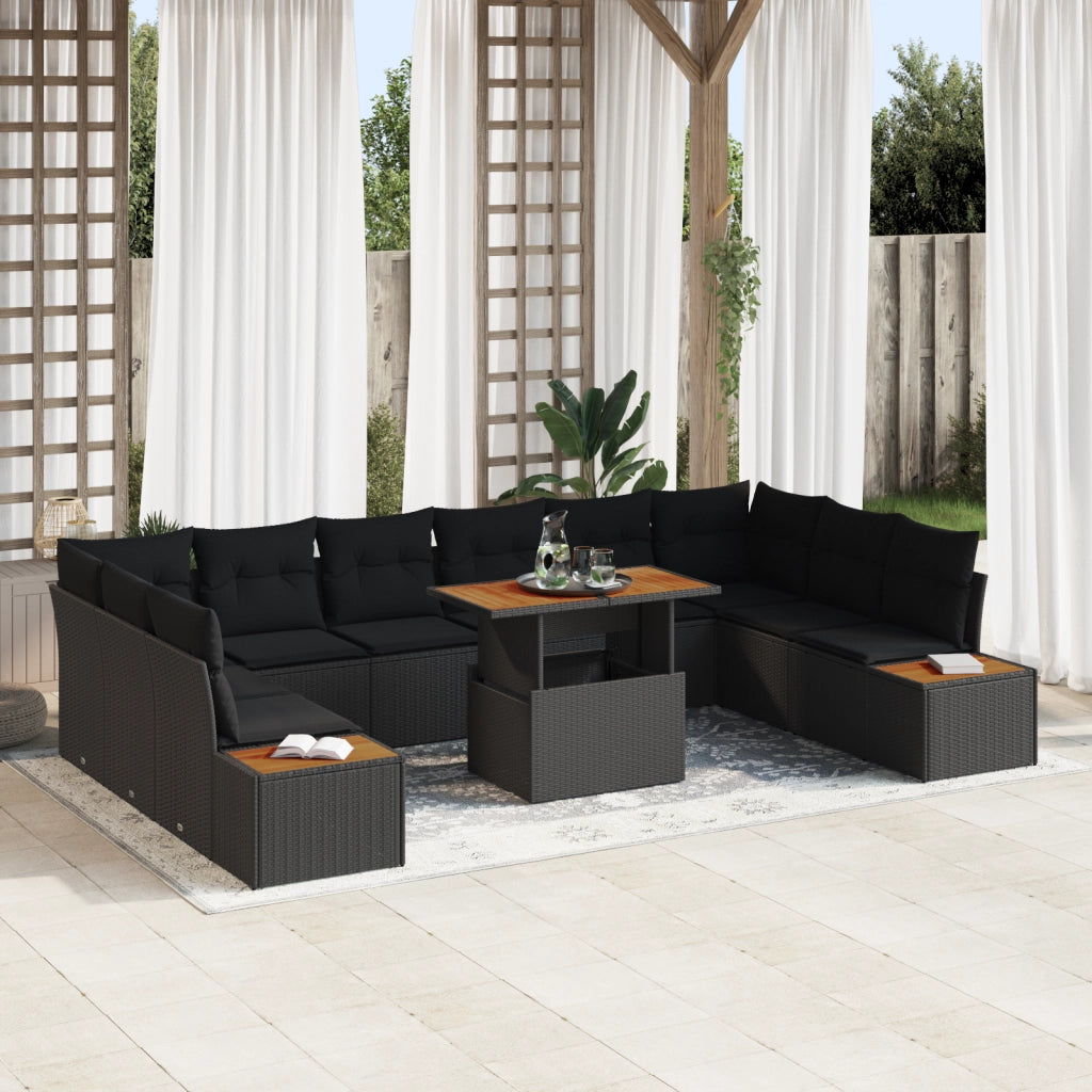 Set da pranzo da giardino 11 pezzi con cuscini rattan polyrattan nero acciaio marrone