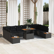 Set da pranzo da giardino 11 pezzi con cuscini rattan polyrattan nero acciaio marrone