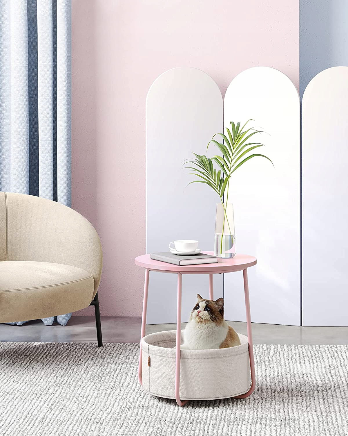 Tavolino rotondo Valora con cestino | Rosa | comodino