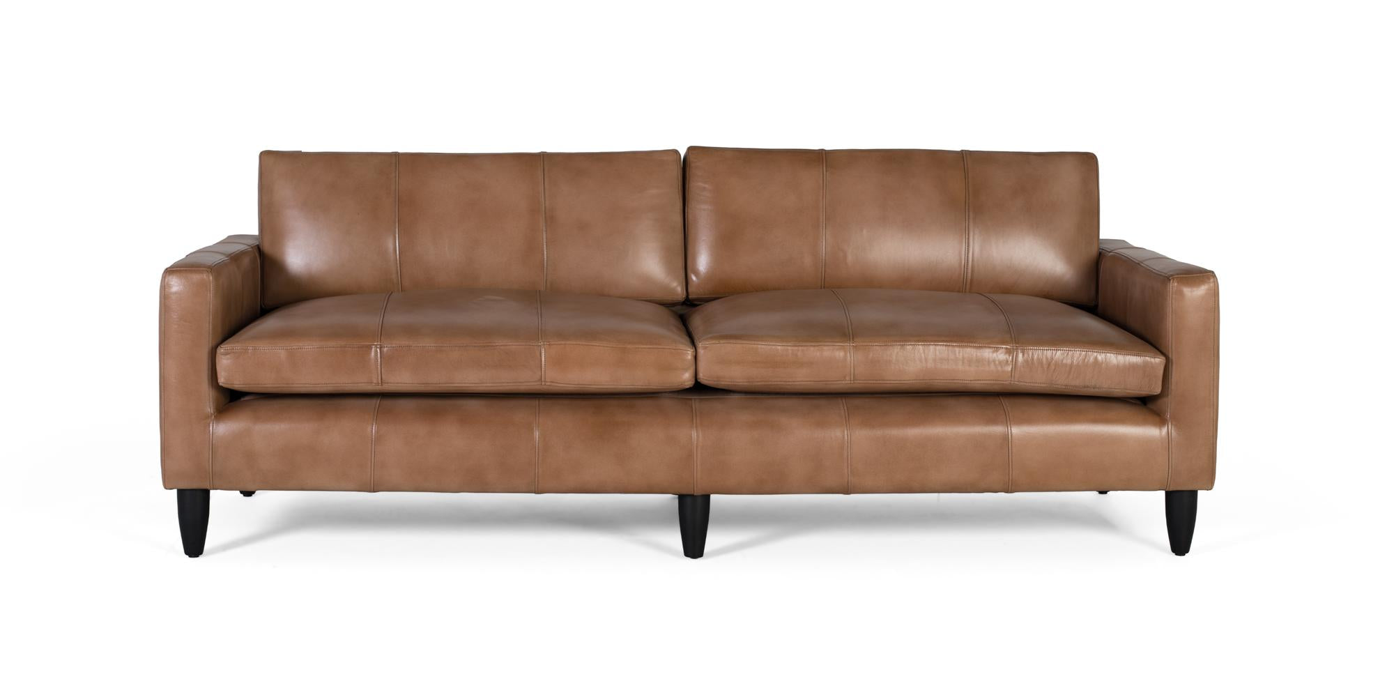 Divano imbottito in pelle e finitura cammello 220cm