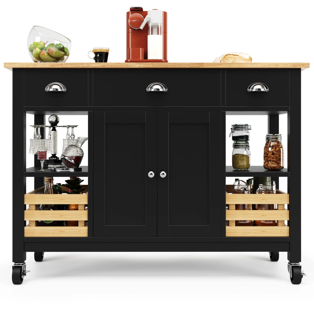Carrello da Cucina con 1 Cassetto; 1 Anta; Piano Pieghevole e Ruote in MDF 120 x 45 x 90 cm Nero Naturale