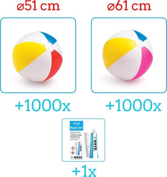 Palloni Inflabili per Spiaggia - Pacchetto Economico per Pallone - 2 x 1000 pezzi - Pallone Jumbo - Diametro 51 e 61 cm - Ideale per Festival - Incluso set di riparazione portatile