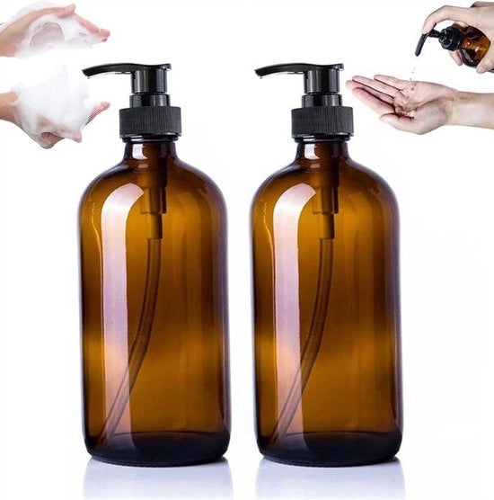 Due flaconi in vetro marrone da 500 ml, flaconi con pompa per dispenser di sapone, dispenser di sapone per mano e grandi dispenser di detersivo. Questi flaconi in vetro riciclabile con pompa possono essere utilizzati per donare loti e shampoo.