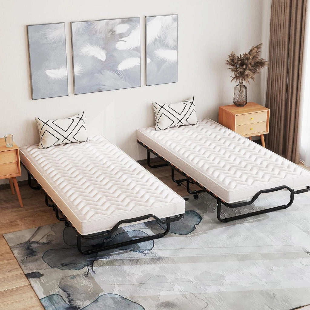 Letto Pieghevole 90x200 cm con Memory Foam, Lettino Pieghevole per Gli Ospiti con 4 Ruote, Sgabello e Bracci, Letto da Viaggio per Adulti, Doppia Sedia a Doghe, Nero e Beige, Made in Italy