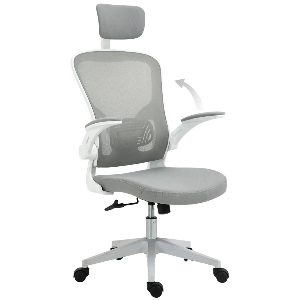 Sedia da ufficio ergonomica con poggiatesta e supporto lombare in plastica grigia 65 × 64 × 114-122 cm