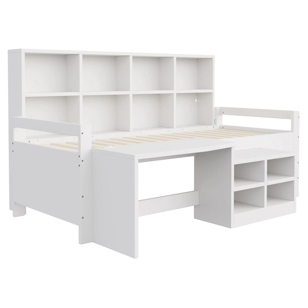 Letto a soppalco 90x200 cm con scrivania; vani portaoggetti e LED in legno bianco