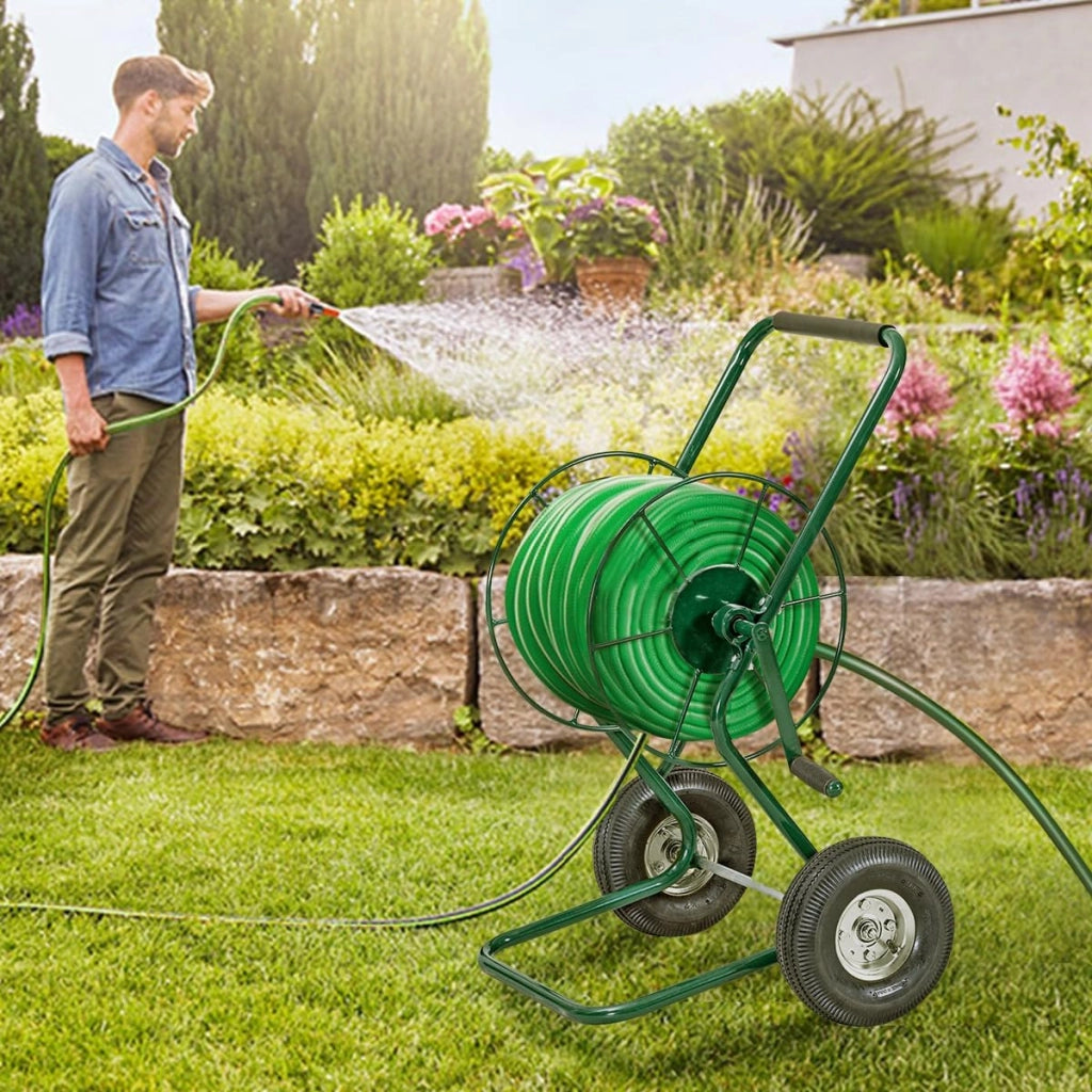 Carrello Avvolgitubo da Giardino, Avvolgitubo in Metallo con Manico e 2 Ruote Pneumatiche, per Tubi di 3/4", Fino 61 Metri, 71 x 53 x 96,5 cm, Verde