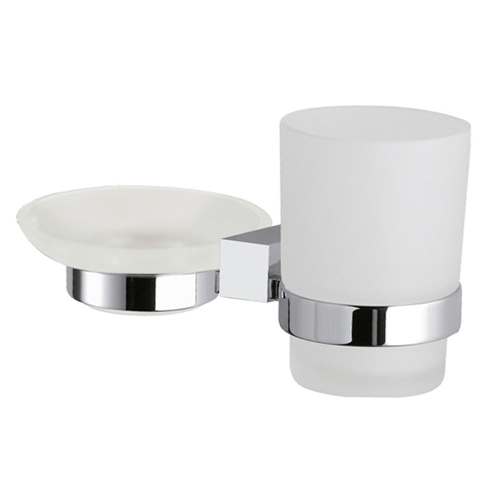 Supporto da muro doppio con portasapone e portabicchiere - serie sq