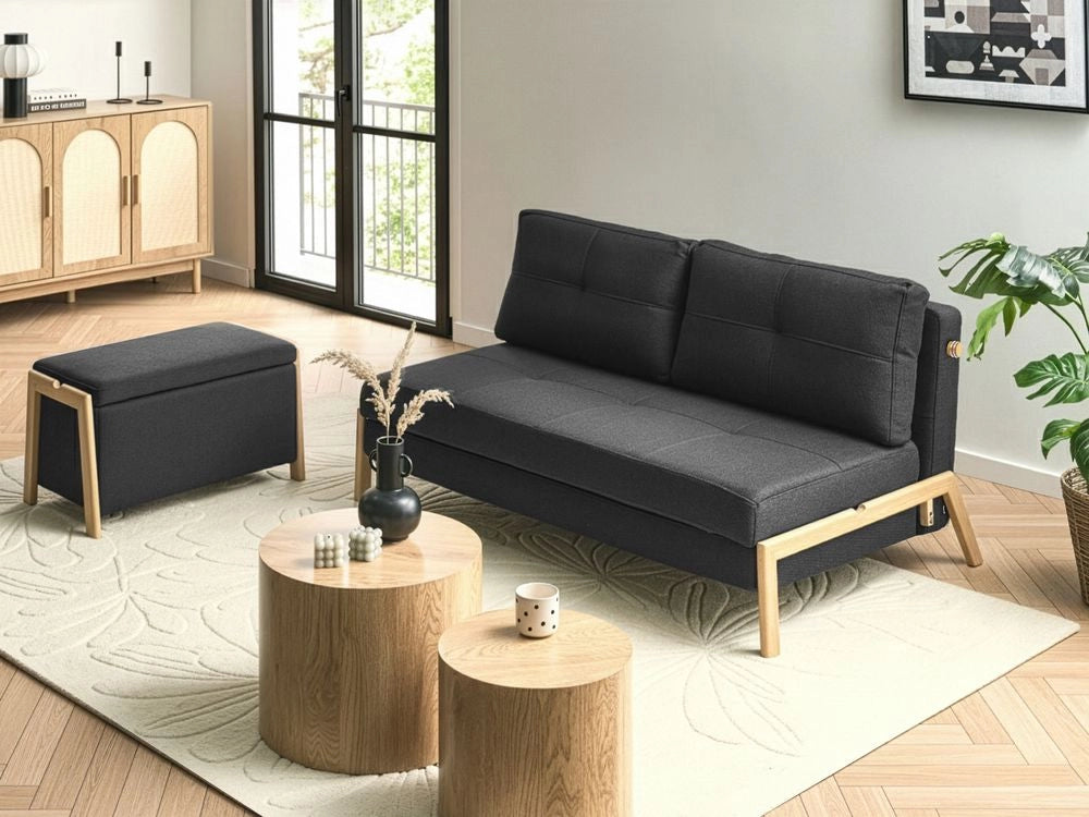 Set divano e panca tessuto nero imbottito Gambe in ferro Funzione letto Contenitore aggiuntivo Stile moderno