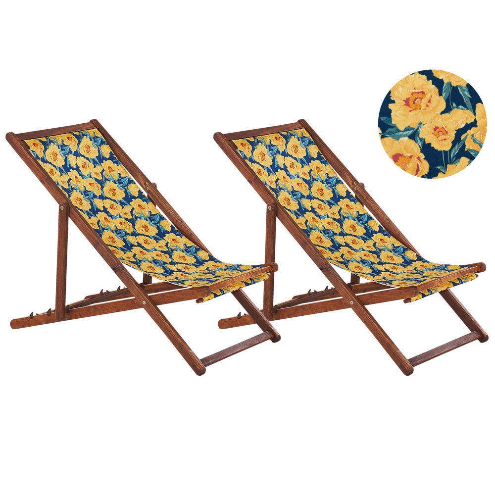 Set di 2 sedie a sdraio da giardino con struttura in legno di acacia scuro con motivo floreale in tessuto amaca sedile reclinabile