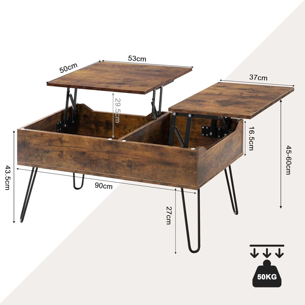 WOLTU Tavolino da Caffè Sollevabile, Tavolino da Divano con Scomparto Nascosto, Tavolino da Salotto Industriale, Tavolino da Soggiorno con Gambe in Metallo, Marrone vintage, BTS14shm