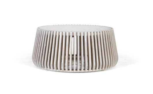 Tavolino rotondo in marmo bianco e legno di mango