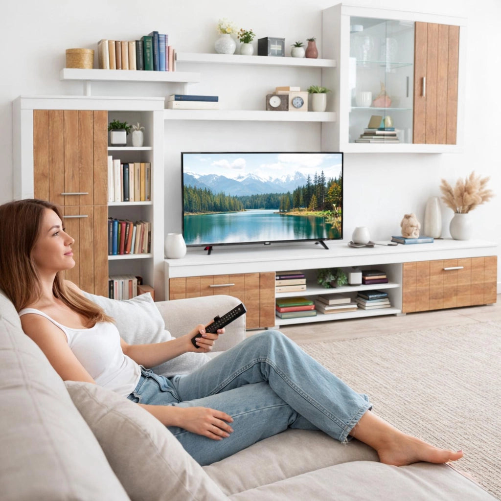 Parete Attrezzata Moderna Con Mobile TV Ante Vetrinetta Mensole E Vani A Giorno Moduli Sospesi Per Soggiorno Salotto 293 X 193 X 50 Cm Bianco E Noce