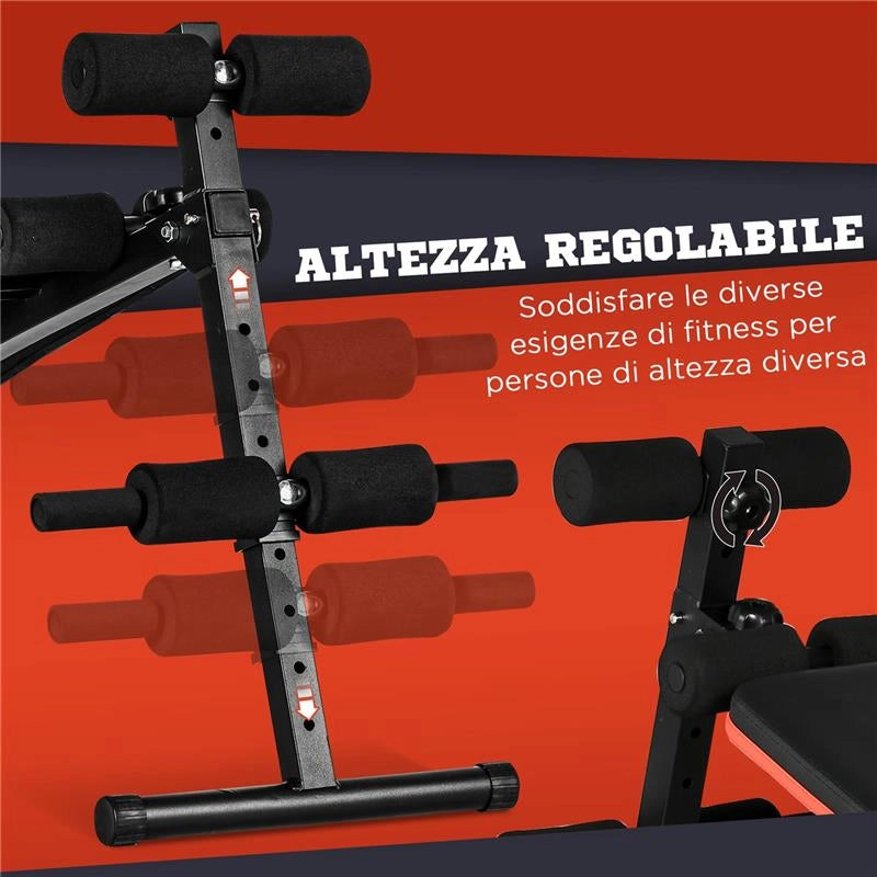 PANCA PER ADDOMINALI PIEGHEVOLE E REGOLABILE CON SCHIENALE IMBOTTITO, 47X139X51-69CM, NERO E ROSSO