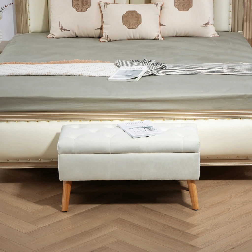 Panca contenitore imbottita con bottoni e spazio nascosto, in poliestere con gambe in legno, bianca 80 × 35 × 40 cm