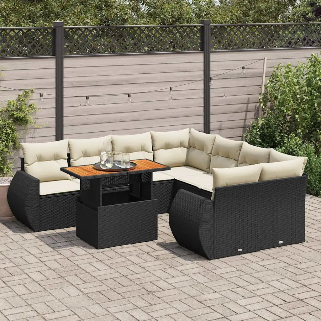 vidaXL Set Divani da Giardino 9 pz con Cuscini Nero in Polyrattan