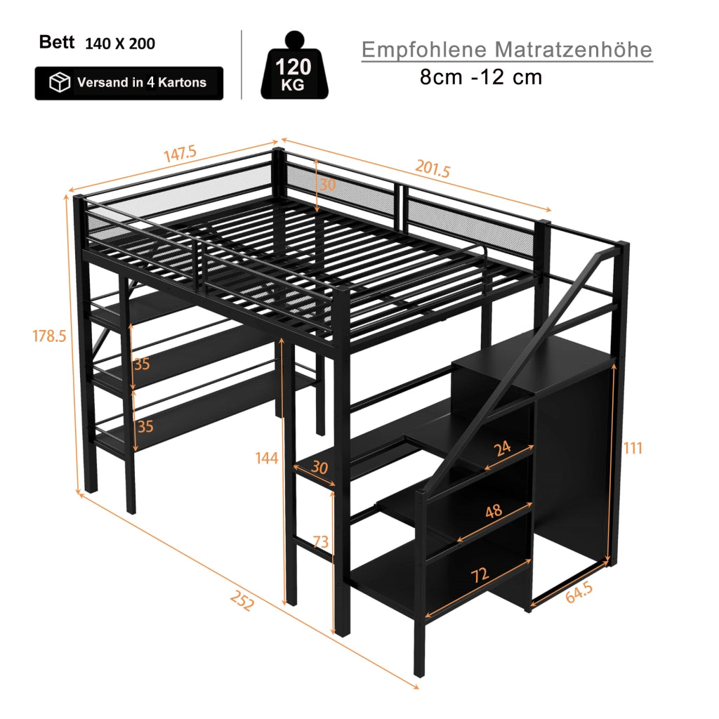 LETTO A CASTELLO 140x200 cm nero con scrivania, armadio e scaffale