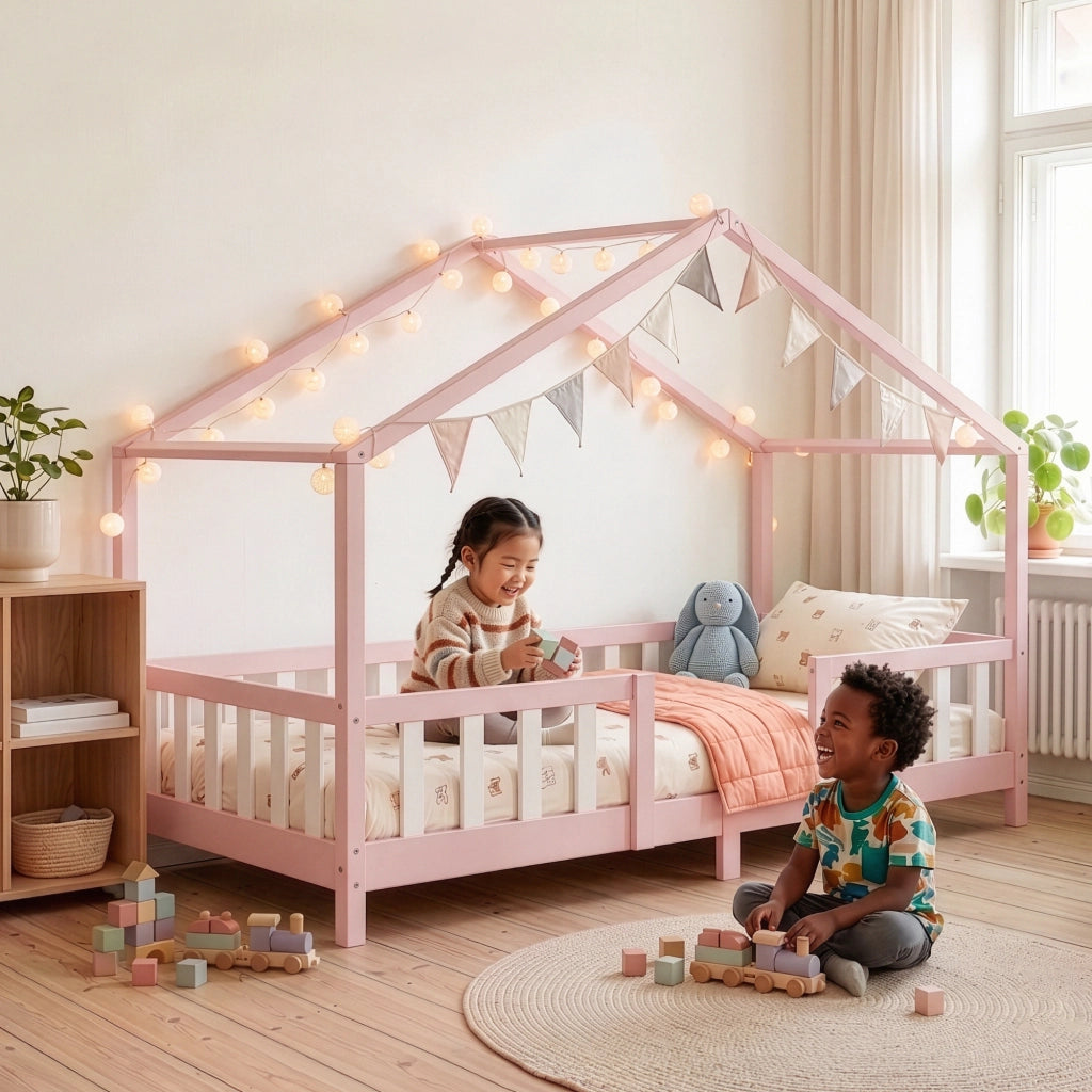 Letto per Cameretta Treviolo a Forma di Casetta in Stile Montessori 90x200 cm Rosa/Bianco [en.casa]