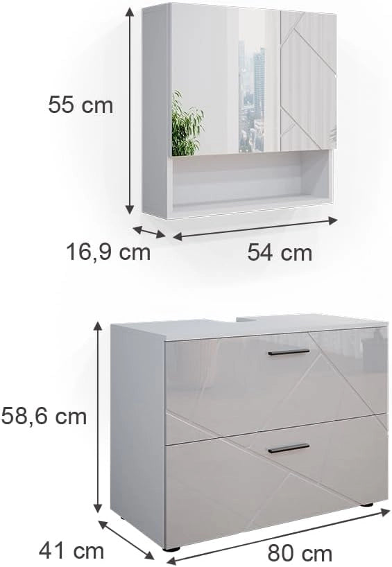 Set mobili bagno Irma, Bianco lucido, 80 cm, composto da specchio da bagno e mobile sottolavabo