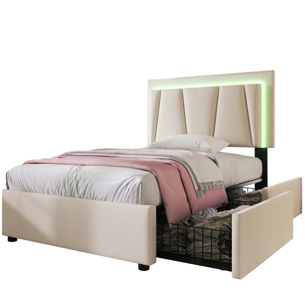Letto singolo 90x200 cm con LED e 2 cassetti; testiera regolabile; beige