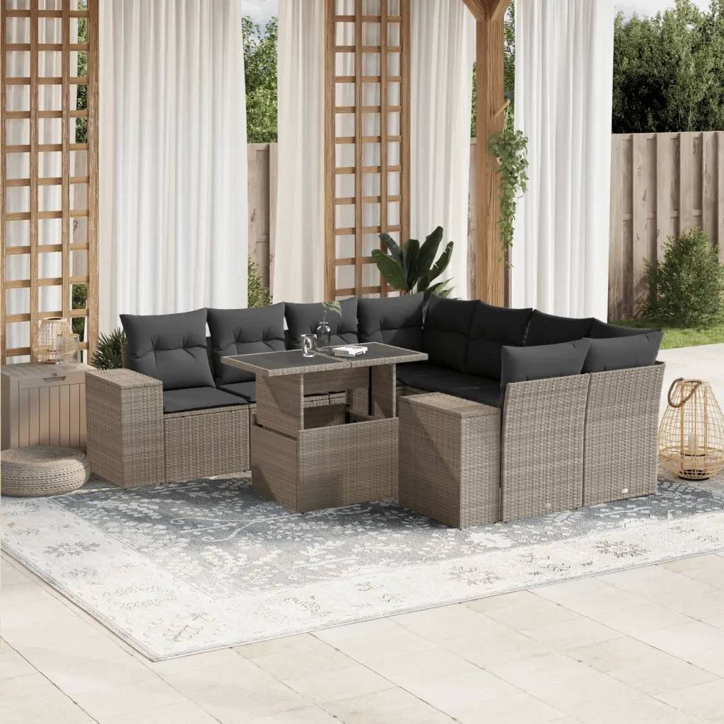 Set Divano da Giardino 9pz con Cuscini Grigio Chiaro Polyrattan