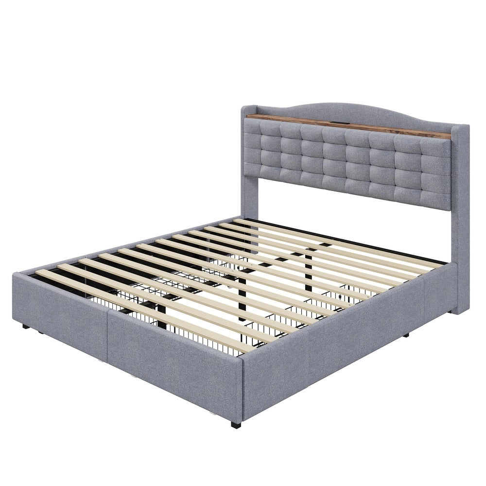 Letto Imbottito Matrimoniale con Cassetti e Comodini ¨C MINIMAL ¨C Tessuto Grigio 140x200