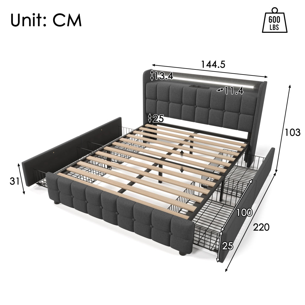 Letto matrimoniale imbottito con ricarica USB, LED e 4 cassetti