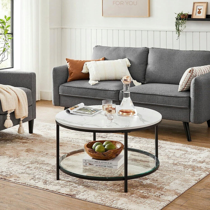 Tavolino rotondo Valora in marmo bianco con ripiano in vetro