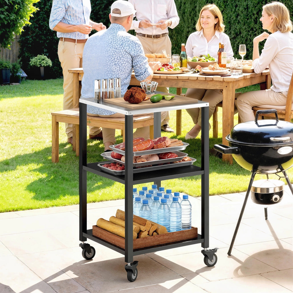 Tavolo da giardino 3 piani con ripiano in acciaio inox e ruote ¨C zephmum ¨C 50x50x90 cm nero